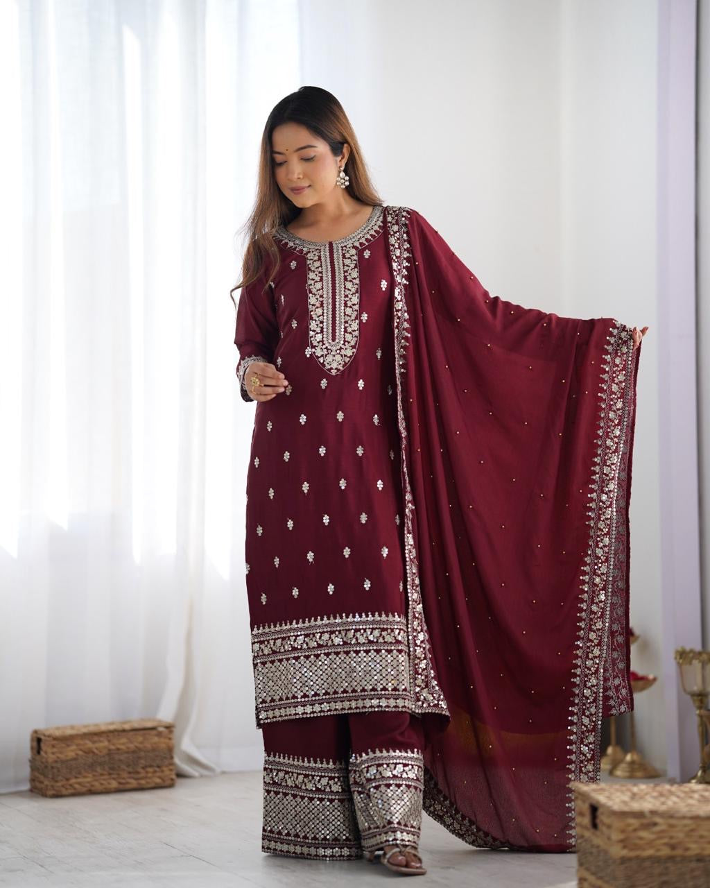 MAROON CHINNON KURTA SET