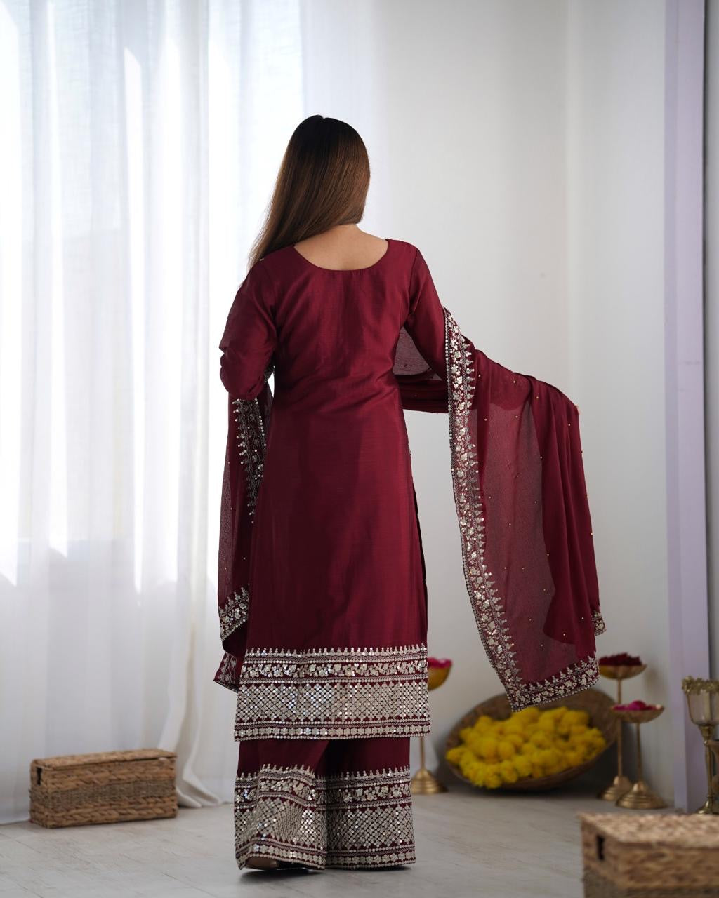 MAROON CHINNON KURTA SET