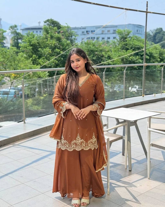 Party Wear Embroidered Top-Plazzo Set with Dupatta