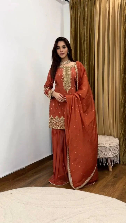 Premium Simmer Silk Designer Party Wear Top-Plazzo Set with Dupatta