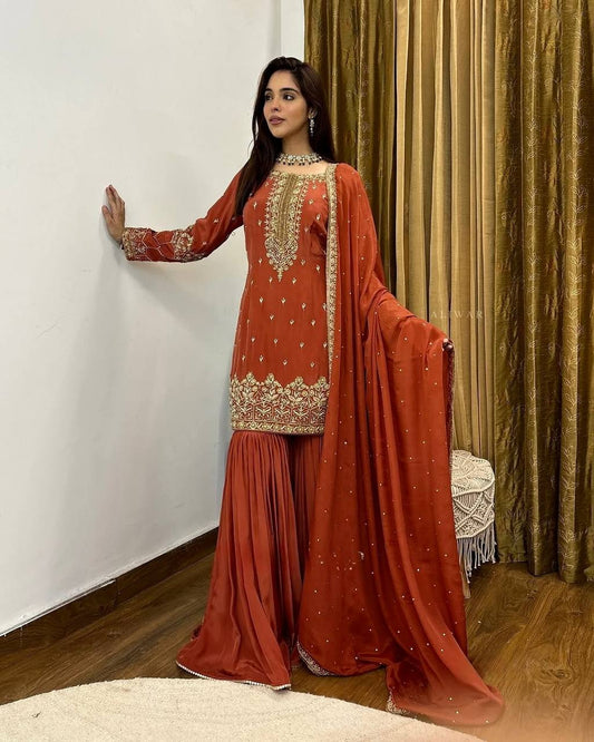 Premium Simmer Silk Designer Party Wear Top-Plazzo Set with Dupatta