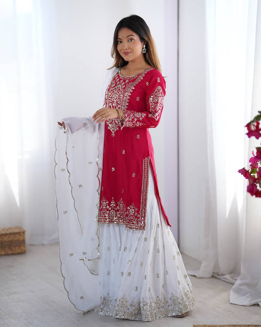 Premium Designer Embroidered Top-Plazzo Set with Dupatta