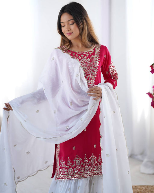 Premium Designer Embroidered Top-Plazzo Set with Dupatta