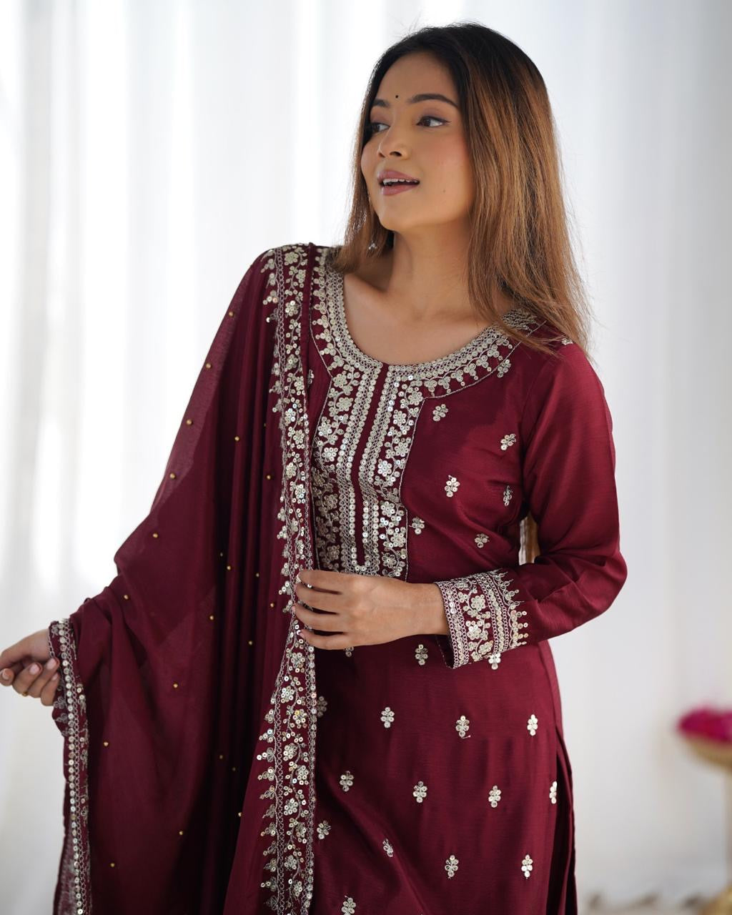 MAROON CHINNON KURTA SET