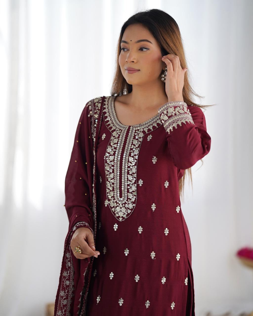 MAROON CHINNON KURTA SET