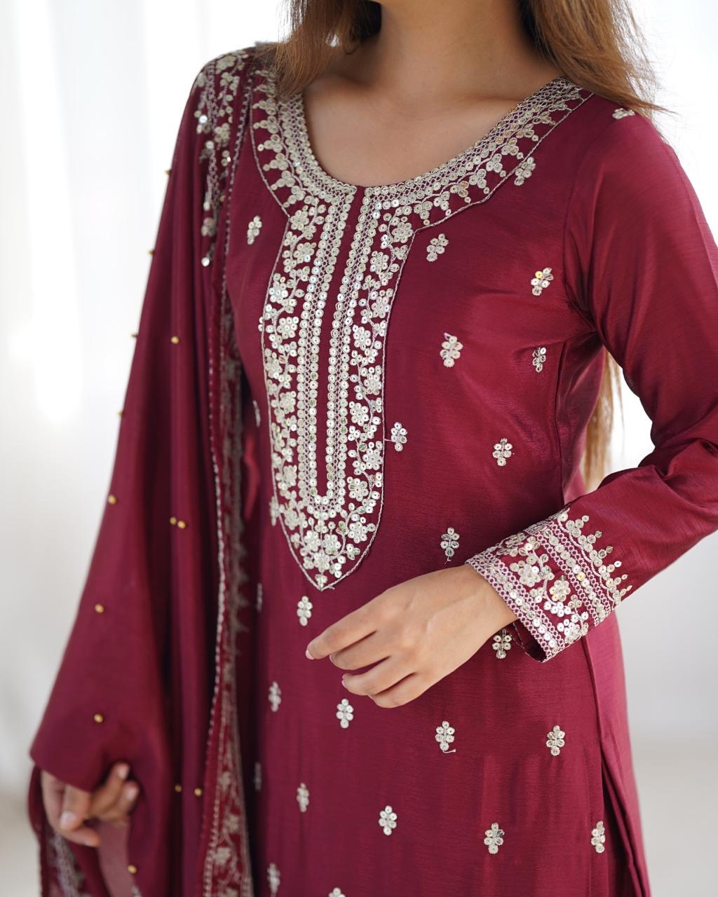 MAROON CHINNON KURTA SET
