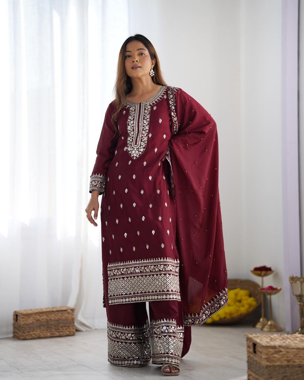 MAROON CHINNON KURTA SET