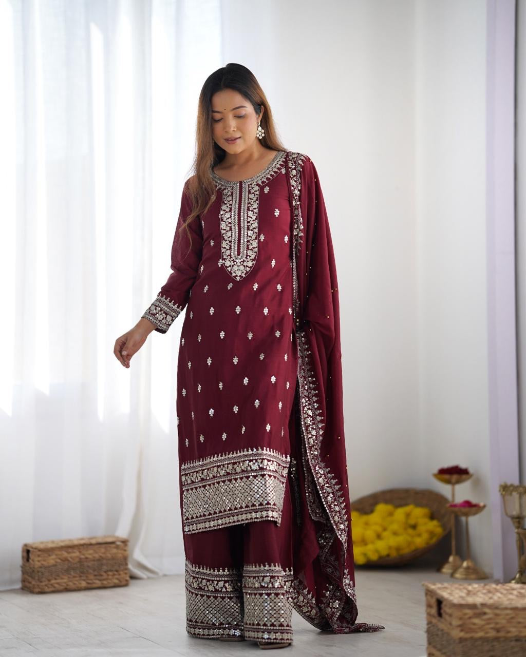 MAROON CHINNON KURTA SET