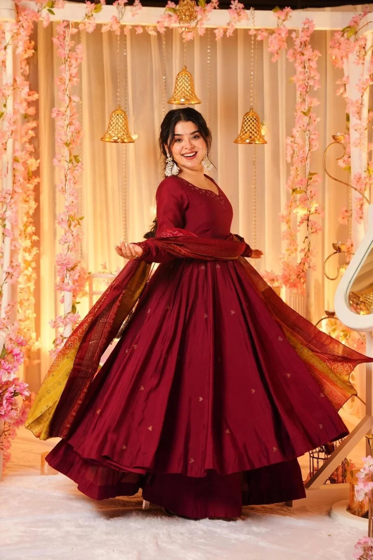 Maroon Silk Anarkali Palazzo Suit Set