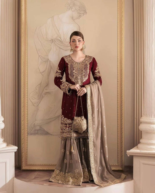 Premium Faux Georgette Embroidered Top-Plazzo-Dupatta