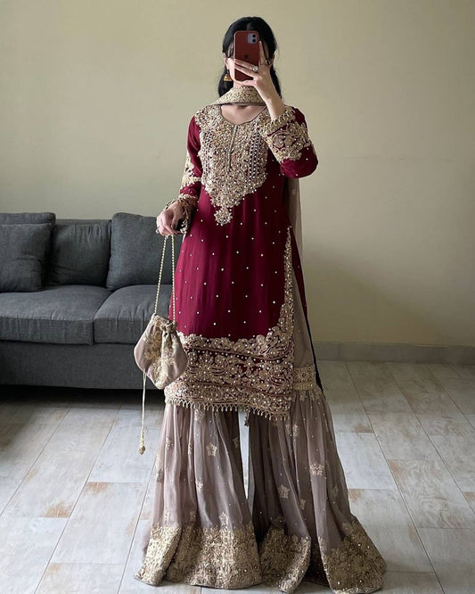 Premium Faux Georgette Embroidered Top-Plazzo-Dupatta