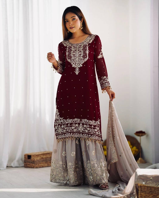 Premium Faux Georgette Embroidered Top-Plazzo-Dupatta