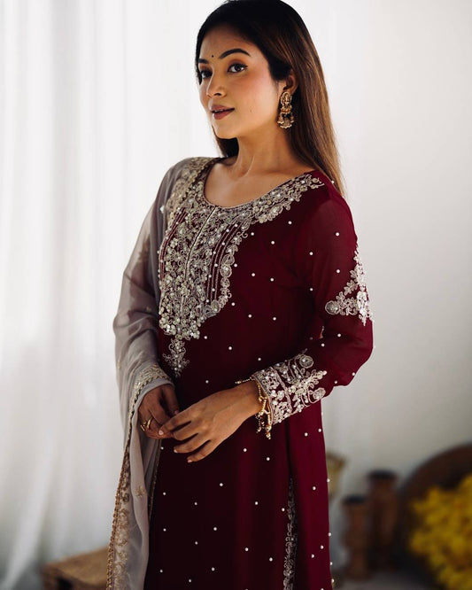 Premium Faux Georgette Embroidered Top-Plazzo-Dupatta