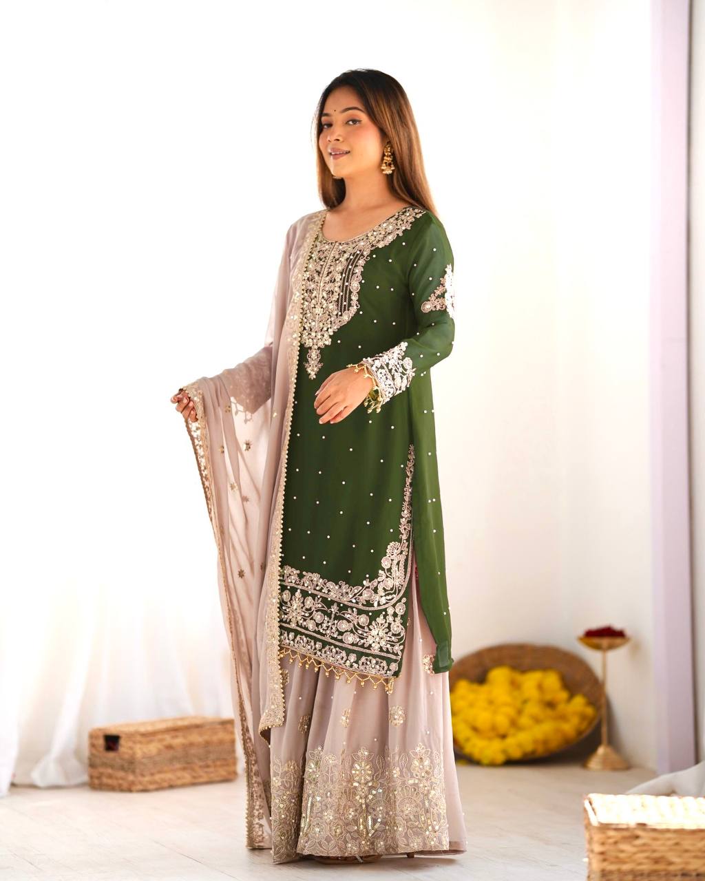 Heavy Faux Georgette Embroidered Partywear Suit Set Top( Plazzo & Dupatta)