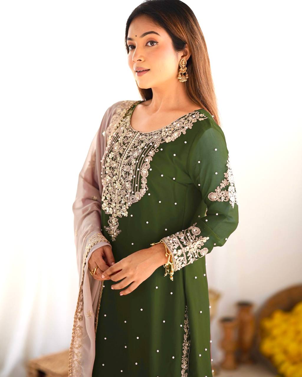 Heavy Faux Georgette Embroidered Partywear Suit Set Top( Plazzo & Dupatta)