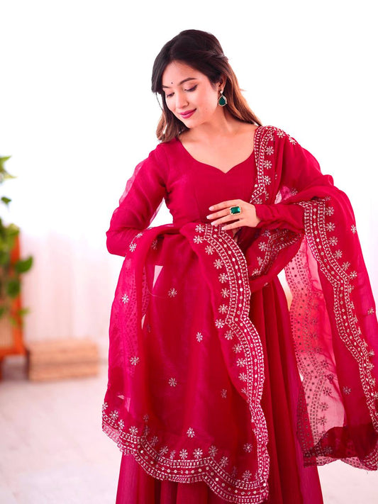 Real Modeling Heavy Designer Party Wear Gown Set Fandy Silk with Embroidery Sequence Work & Dupatta